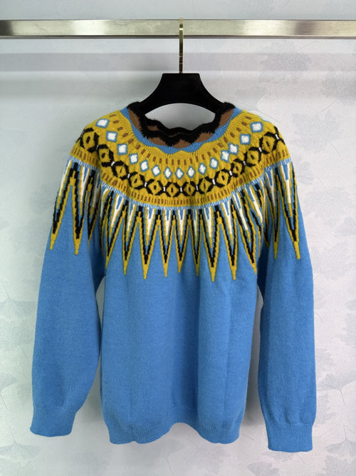 Valentino Yellow Diamond Patterned Fair Isle Pure Wool Sweater
