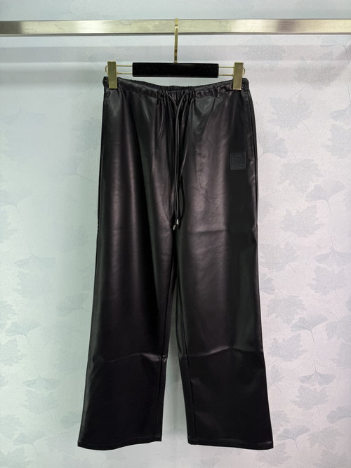 Loewe High Waist Straight Leg Faux Leather Pants with Drawstring Waist and Logo Accents