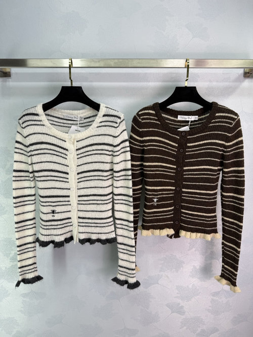 Dior Round-Neck Striped Knit Cardigan with Bee Logo