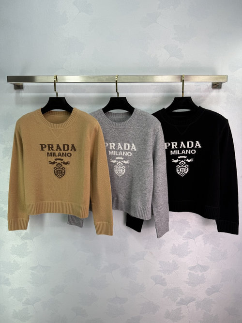 Prada Classic Round-Neck Knit Long-Sleeve Sweater with Letter Embroidery