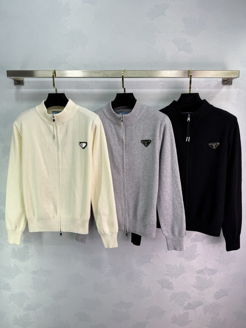Prada YB Cashmere Wool Knit Zip-up Jacket with Metal Logo Embellishment