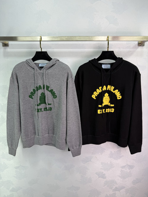 Prada Casual Hooded Long-Sleeve Sweater Featuring Arch Logo