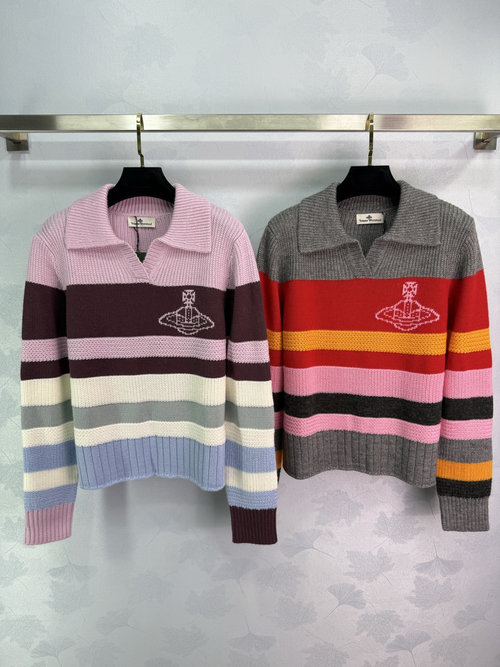 Vivienne Westhood Striped Knit Sweater with Planet Logo Embroidery in Pink and Gray