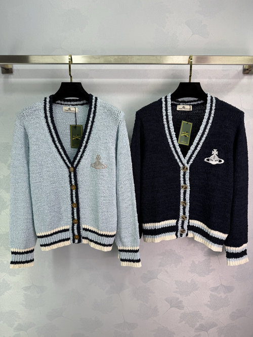 Vivienne Westhood V-Neck Long-Sleeve Cardigan with Saturn Embroidery and Contrast Stripes