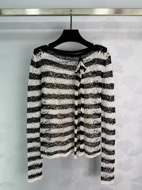 Dior Black and White Stripe Mixed Knit Long Sleeve Top with Lace Trim