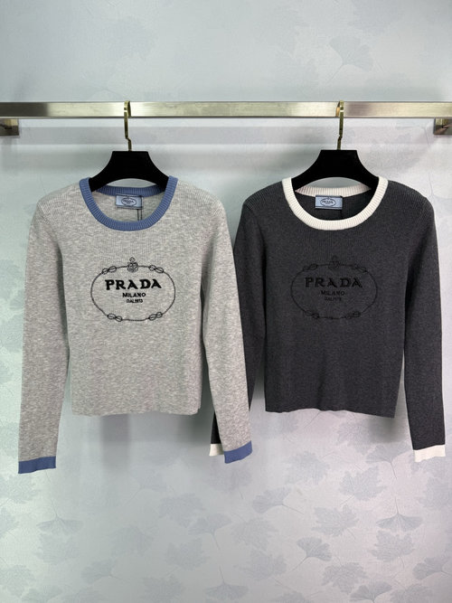 Prada Comfortable Knit Long Sleeve with Color-Blocked Collar