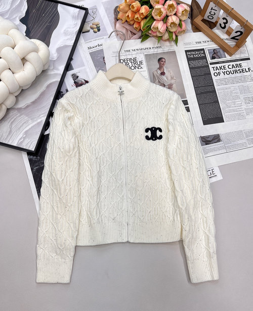 Celine Gentle Milk-colored Zip-up Cardigan with Arc de Triomphe Logo