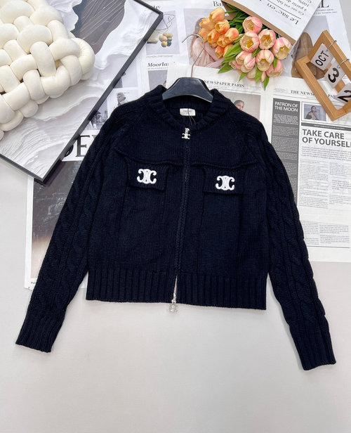 Celine Celine s Arch Embroidered Logo Cardigan with Soft Look