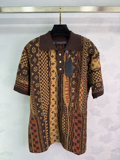 Louis Vuitton Collaborative Brown Jacquard Knitted Polo Shirt with 3D Color Blocking