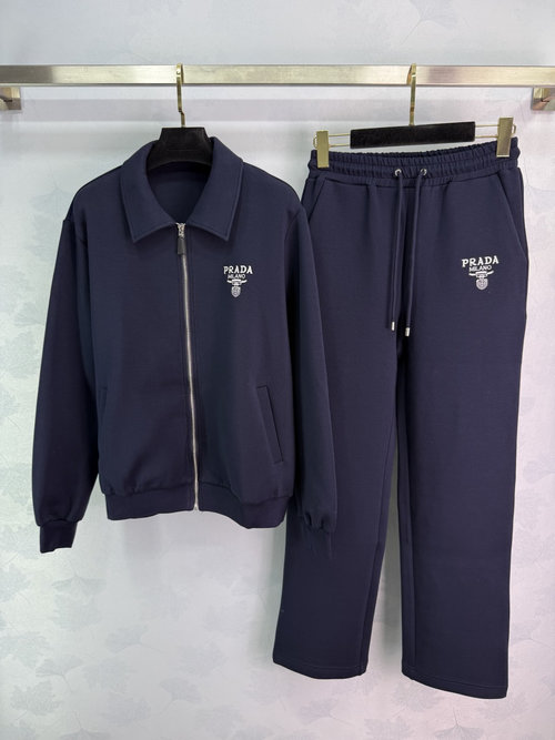 Prada New Style Hooded Zipper Set with Embroidered Jacket and Straight-Leg Pants