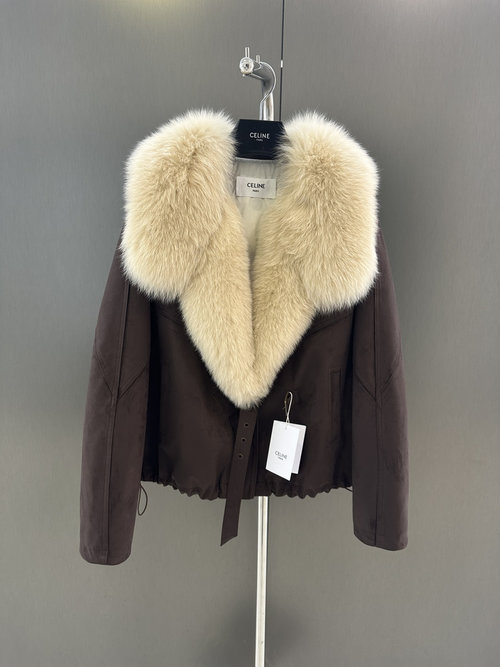 Celine Elegant Down Jacket with Imported White Fox Fur Collar and Premium Fabric
