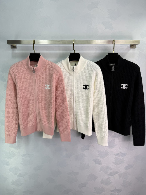 Celine Diamond Pattern Zip-up Cardigan in Wool with Logo