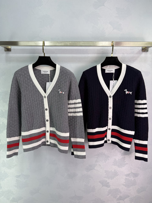 Thom Browne Striped Dog Embroidered Knit Cardigan with V-Neck