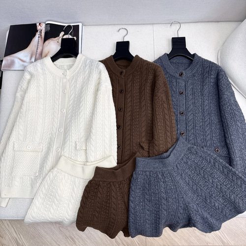 Loro Piana Relaxed Fit Wool Knit Set with Cable Texture, Oversized Collar Cardigan and Elastic Waist Shorts