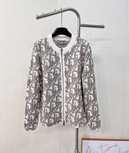 Dior Premium Wool Zip-up Cardigan with Letter Jacquard Print