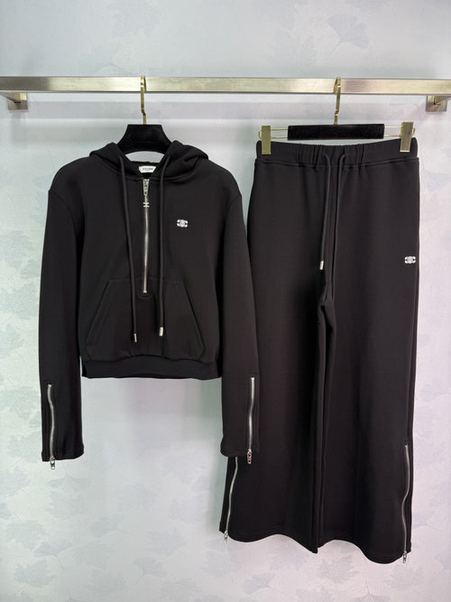 Celine Hooded Zip-up Sweatshirt and Wide-Leg Pants Set with Custom Zippers