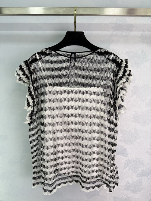 Dior Black and White Striped Ruffled-Edge Lace Short Sleeve Top