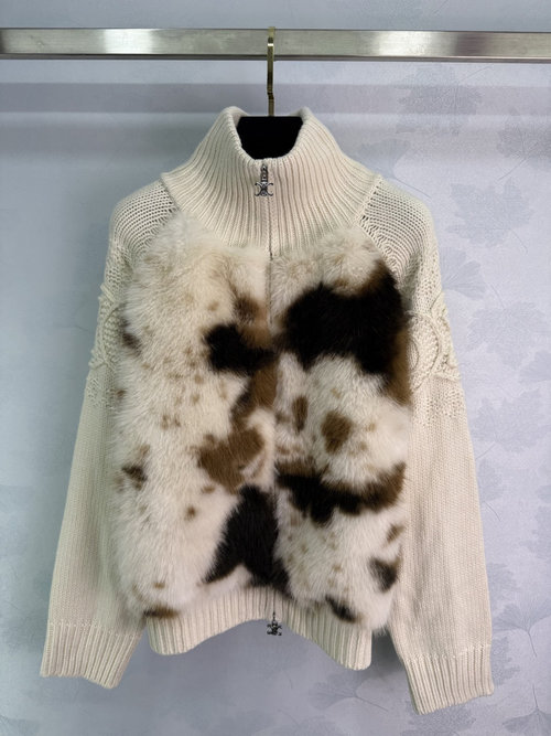 Celine Braided Cow Print Knitted Cardigan with Mink Accents