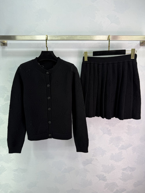Louis Vuitton Jacquard Knit Cardigan and Pleated Skirt Set with Clover Logo Buttons