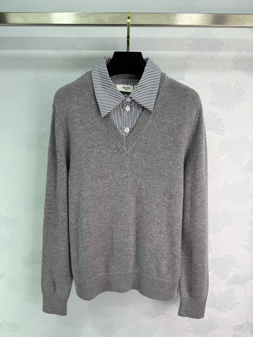 Celine Fake Two-Piece V-Neck Wool Sweater with Striped Collar Design