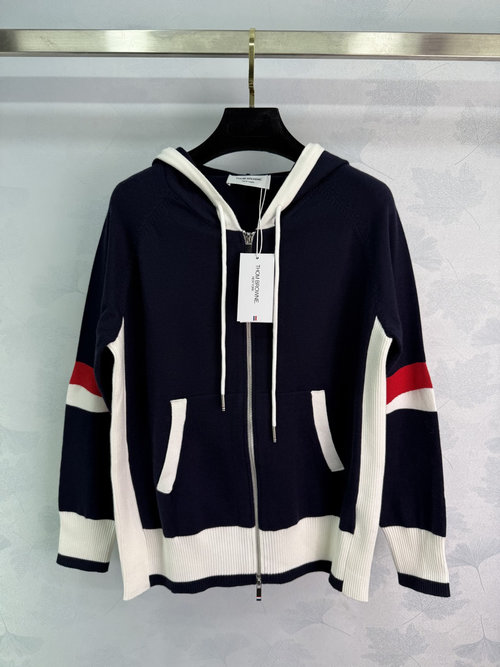Thom Browne Color-Blocked Hooded Jacket with Silver Fastener
