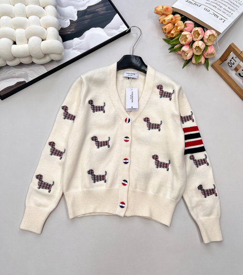 Thom Browne Vintage Full-embroidered Puppy Knit Cardigan, Elegant