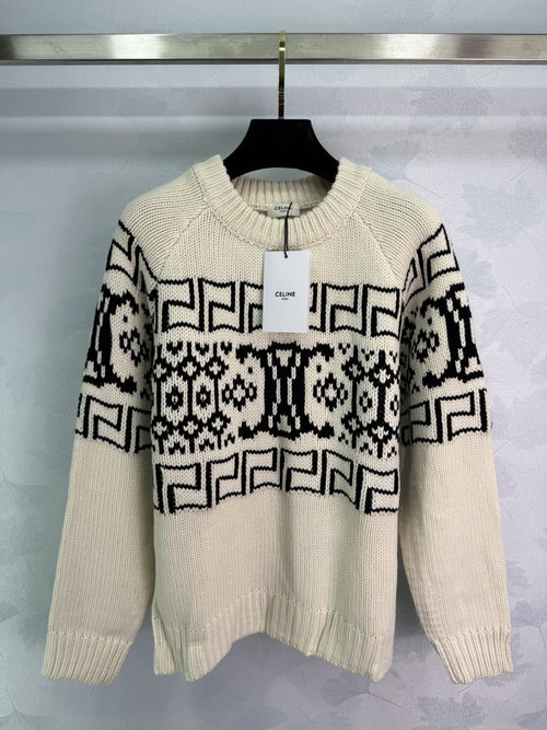 Celine Customized Wool Knit Pullover with Fair Isle Jacquard, Elegant and Distinguished