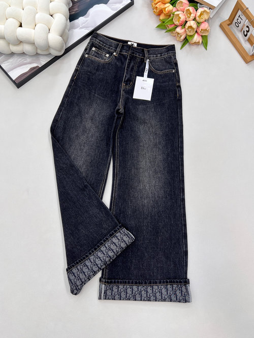 Dior Stylish Black-Gray Printed Cuff Jeans, Flattering and Versatile, Custom Fabric