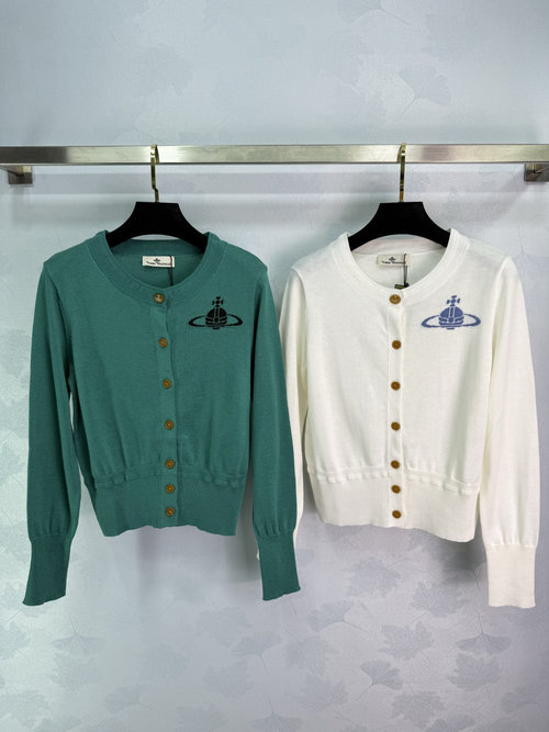 Vivienne Westhood Sleek Saturn Round Neck Cardigan with Vertical Ribbed Slim Fit Design