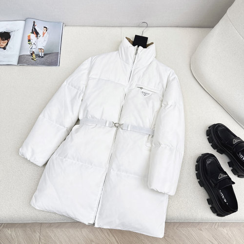 Prada Exclusive Triangular Logo Mid-Length Down Jacket with Belt, Stylish