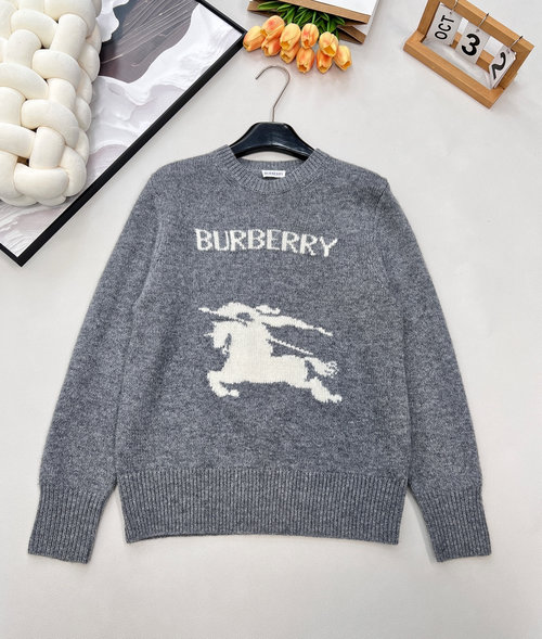 Burberry Round Neck Wool Sweater with Horse Logo and Letter Emblem, Timeless Appeal