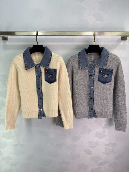 Thom Browne Denim-Collared Knit Cardigan with Dog Embroidery and Pockets