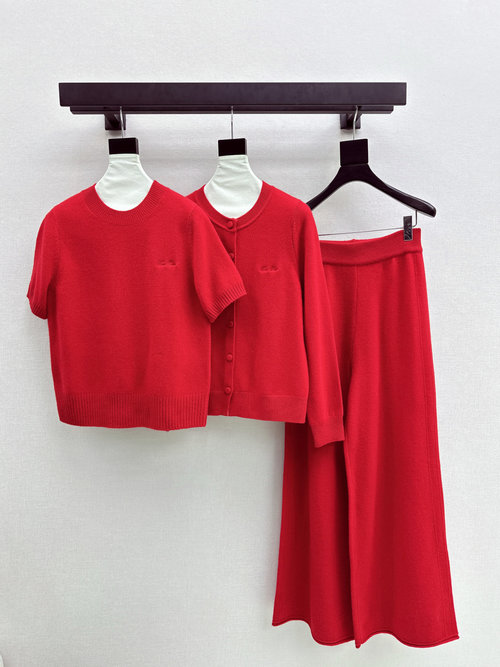 Loro Piana Exclusive Knit Three-Piece Set: Short Sleeve, Cardigan & Straight Pants