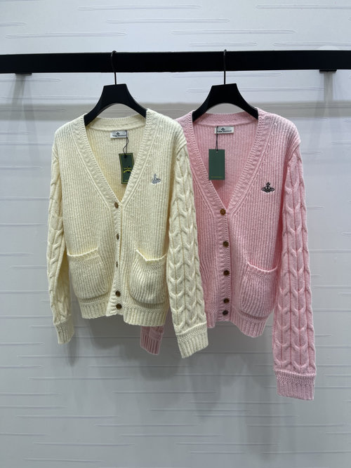 Vivienne Westhood Double Pocket V-Neck Knit Cardigan with Eye-Catching Embroidery, Thick Wool Blend