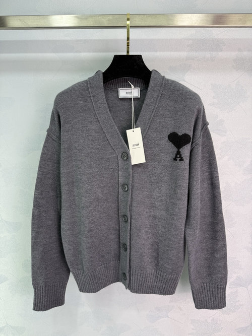 Ami Heart-Embroidered V-Neck Knit Cardigan, Graceful and Timeless
