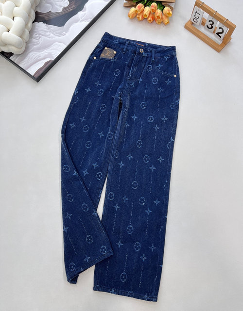 Louis Vuitton High-Waisted Jacquard Fleece Straight-Leg Jeans with Logo