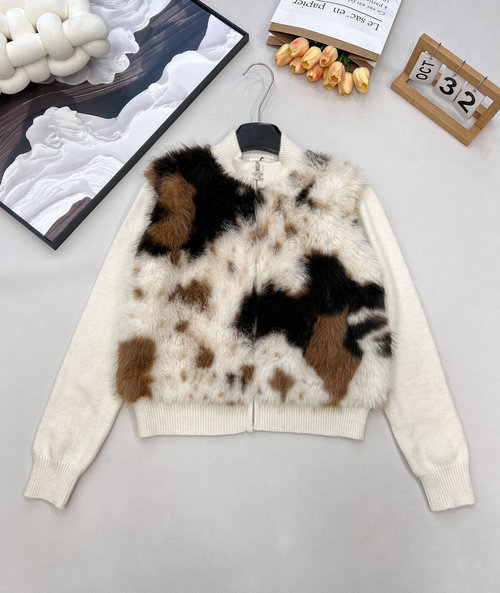 Celine Faux Fur and Knit Blend Cardigan with Artistic Color-Block and Zipper Detail