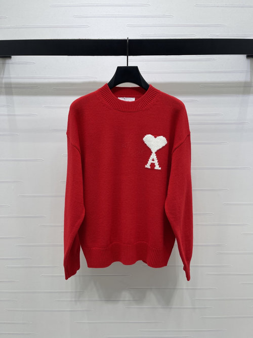 Ami Classic Collection: Contrast Heart Crochet Long-Sleeve Pullover Sweater