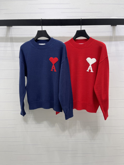 Ami Contrast Color Heart Crochet Sweater in Premium Wool Blend