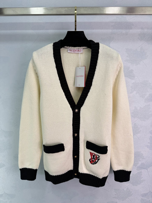 Valentino Soft Knit V-Neck Cardigan with Logo Embroidery and Button Detailing