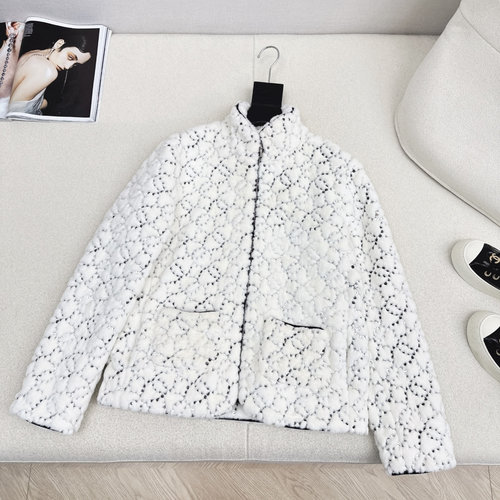 Chanel Ski Furry Collared Zip Coat with Beads and Logo