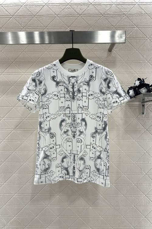 Hermes Round Neck Logo Printed Slim Short Sleeve Shirt