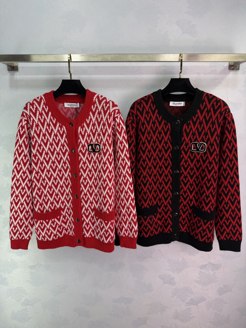 Valentino Round Neck Knit Sweater with Geometric V Logo, Distinctive Design