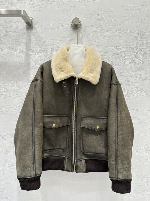 Celine Premium Shearling Bomber Jacket with Distressed Aesthetic, Stylish and Warm