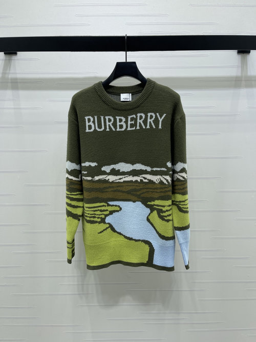 Burberry High-End Single Wool Sweater with Landscape Jacquard and Logo