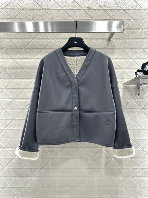 Loewe Recycled Fur Coat with Color Contrast and Waist Totem, Two Colors