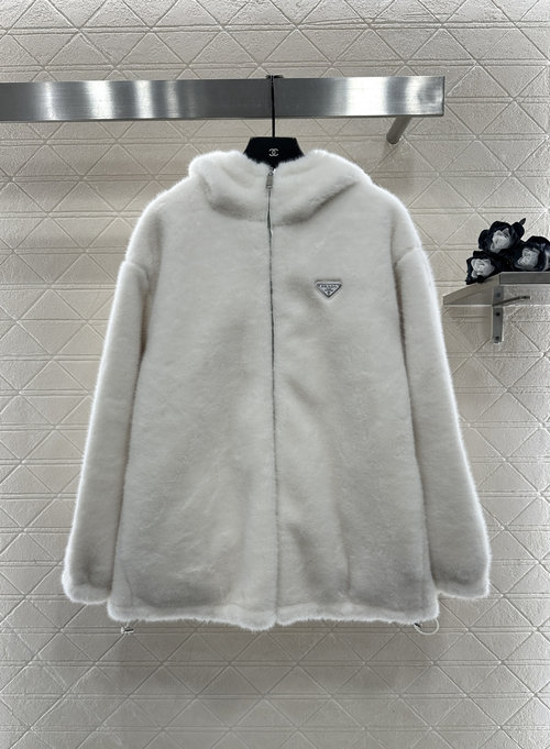 Prada Reversible Fur & Nylon Down Jacket with Metal Logo