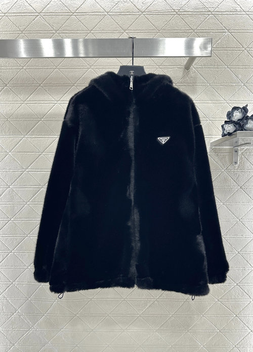 Prada Reversible Fur and Nylon Down Jacket with Metal Logo