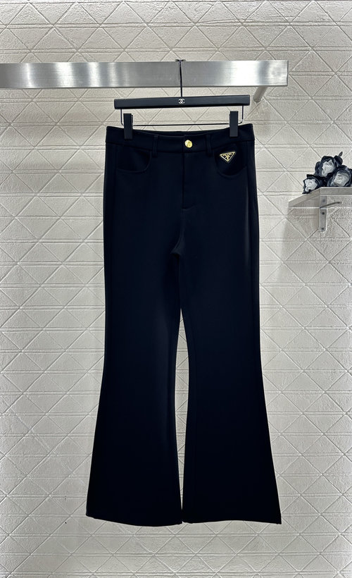 Prada High-waisted Micro-flared Trousers with Metal Logo for Slimming