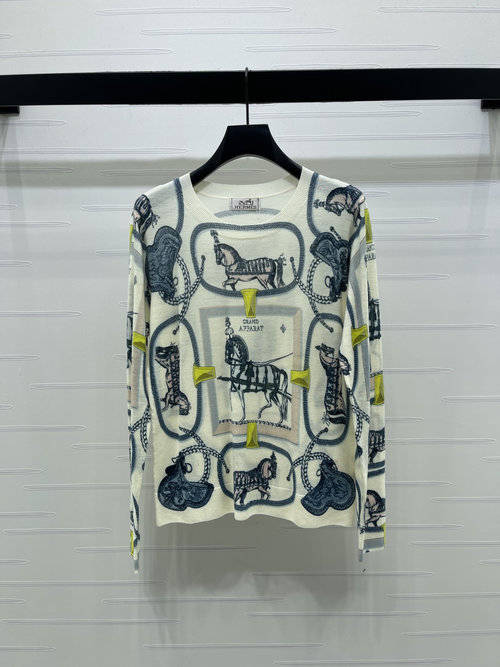 Hermes Latest Printed Round-Neck Knit Long-Sleeve, Artistic Flair